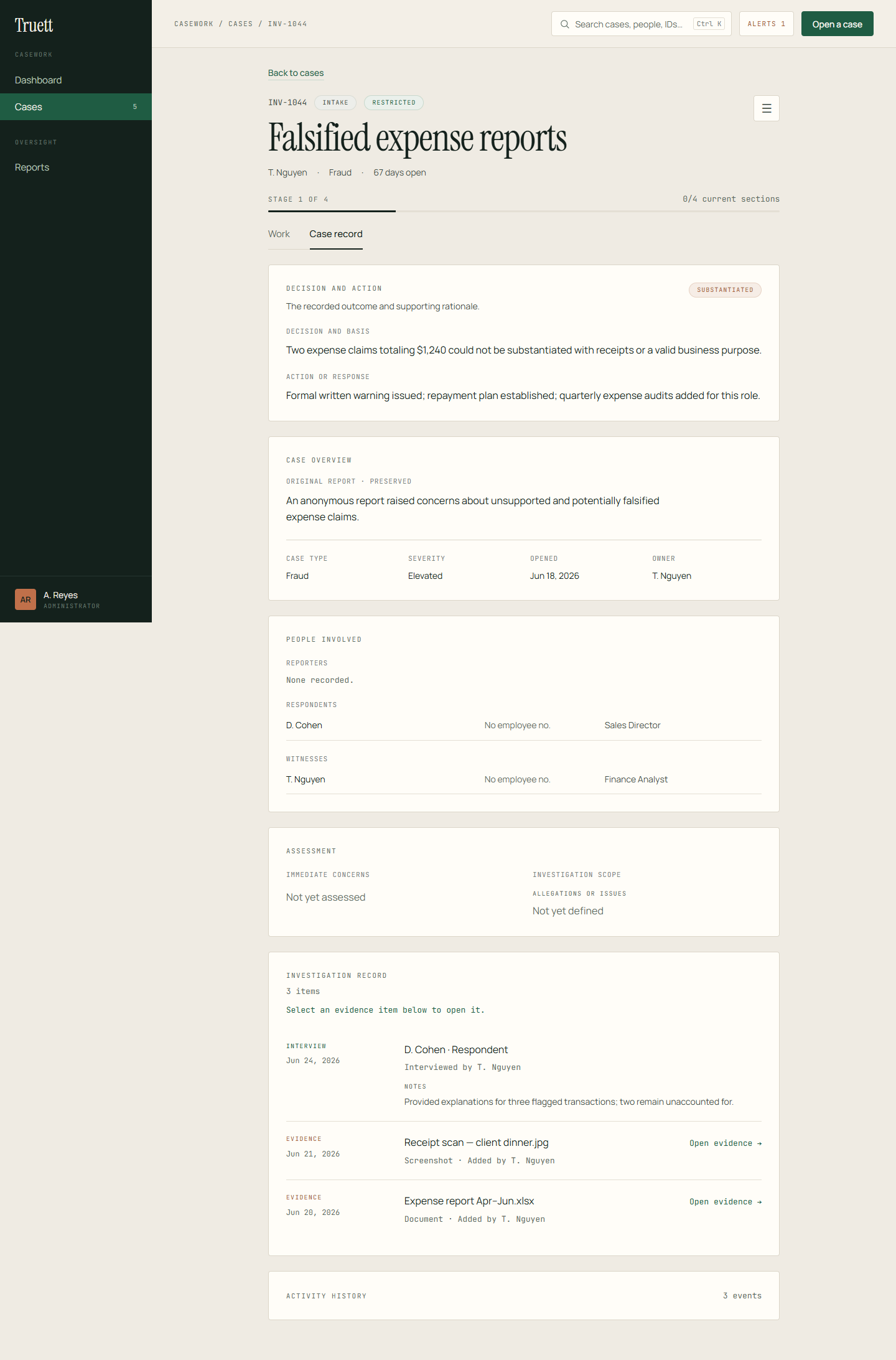 A connected Truett case record showing synthetic interview and evidence activity